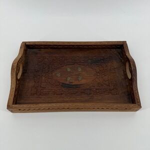 Vintage Hand Carved Wooden Serving Tray Brass Inlay India Floral 12" x 8"